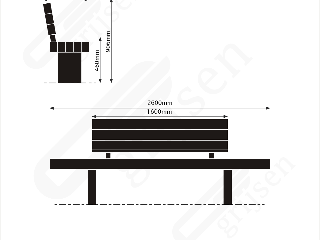 Buitenbank Plane Plus enkelzits met rugleuning A maattekening