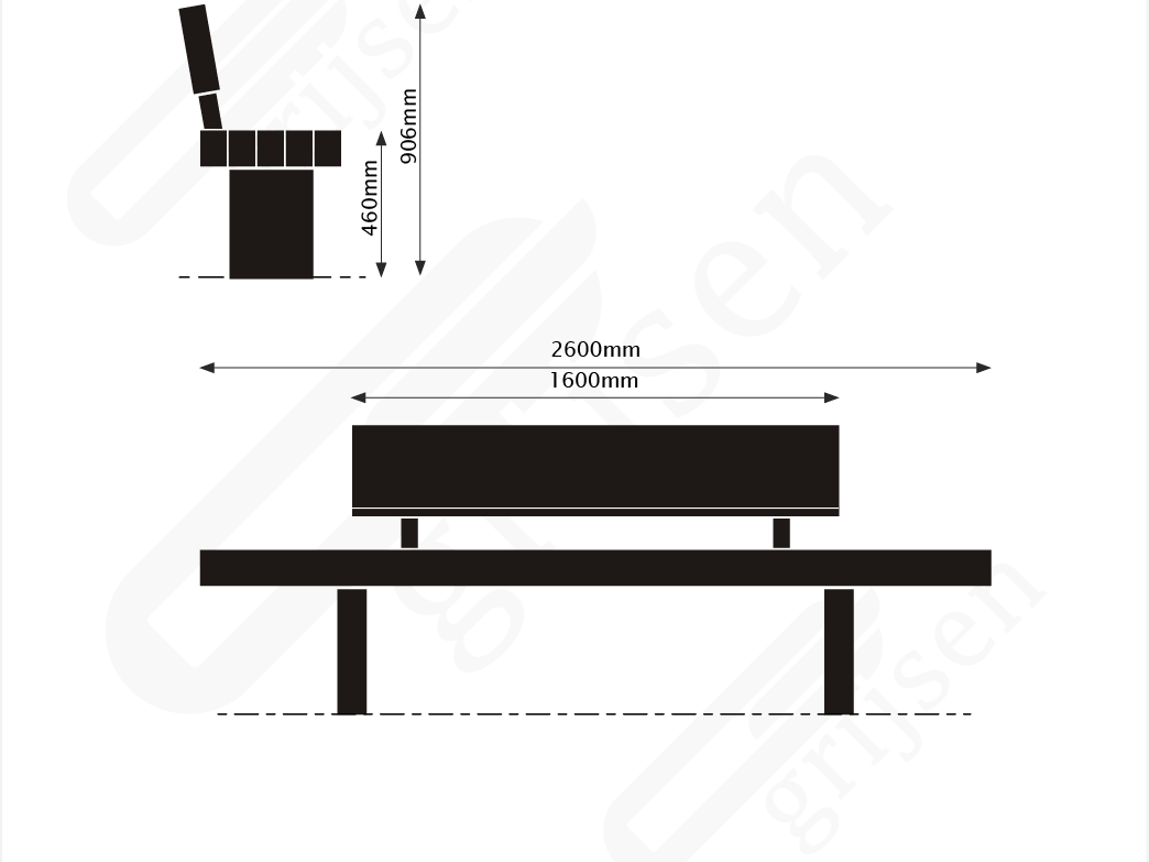 Buitenbank Plane Plus enkelzits met rugleuning maattekening