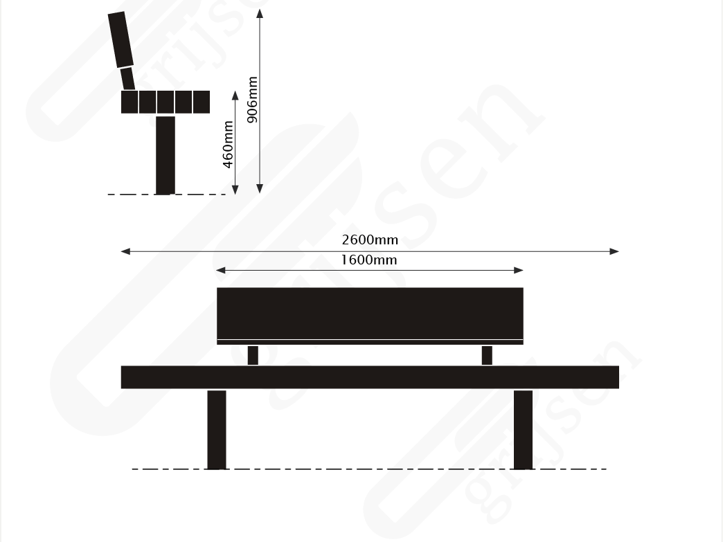 Buitenbank Plane enkelzits met rugleuning maattekening